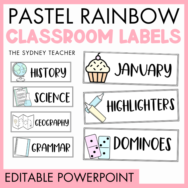Pastel rainbow classroom labels by the Sydney Teacher with various subjects on a pink background and text 'Editable PowerPoint.'