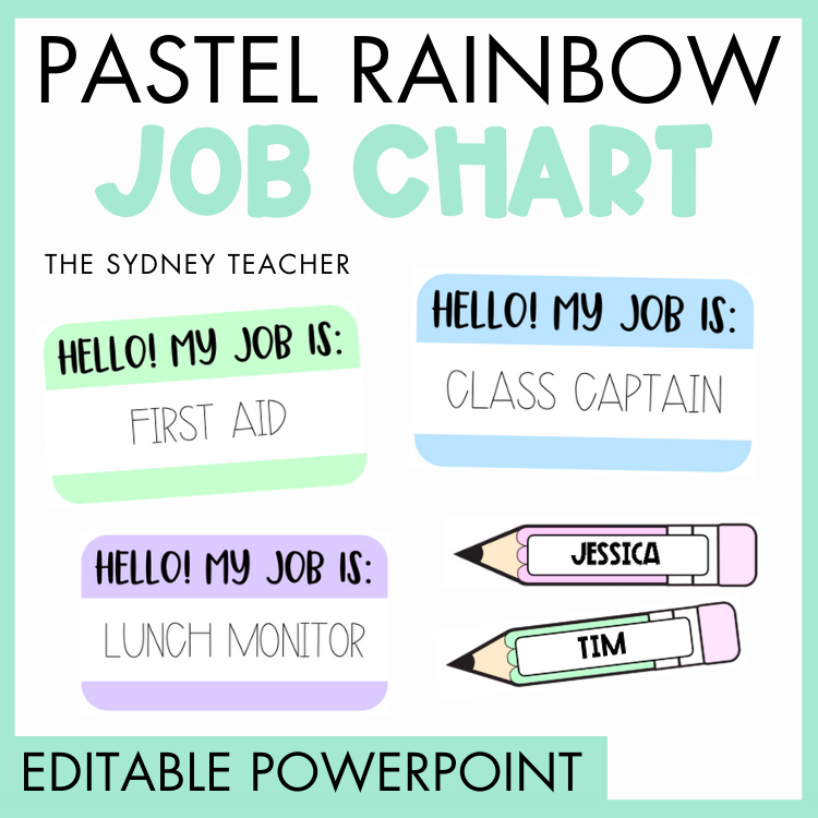 Pastel rainbow job chart by the Sydney Teacher with text and pencil illustrations for classroom roles and text below that reads 'editable powerpoint'.