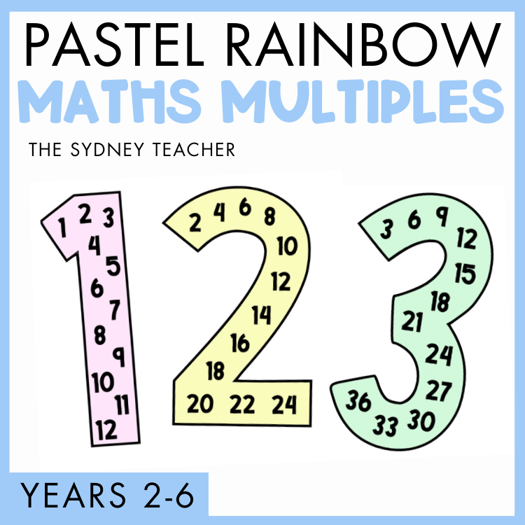 Pastel Rainbow Maths Multiples for Years 2-6 by The Sydney Teacher featuring 1,2,3 with pastel rainbow colors and their maths multiples inside on a blue background.