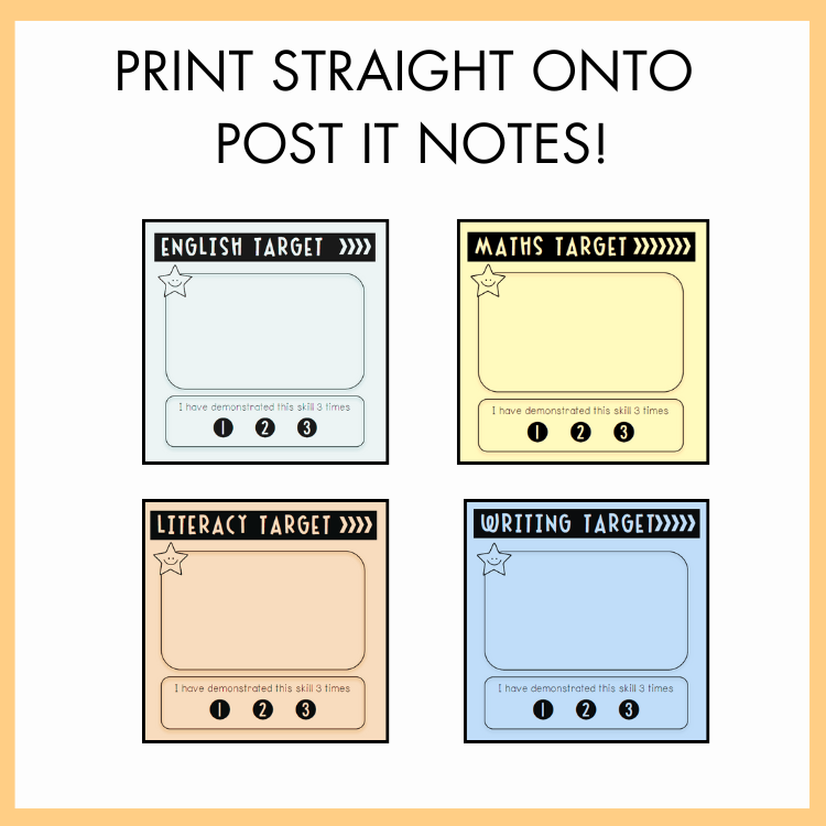 Four educational target assessment post-it notes with labels for English, Maths, Literacy, and Writing on a yellow background. The text above reads 'Print Straight onto Post It Notes!'