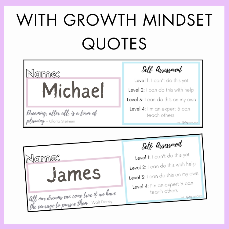 Two nameplates with self-assessment levels and growth mindset quotes on a purple background with text on top that reads 'with growth mindset quotes'.