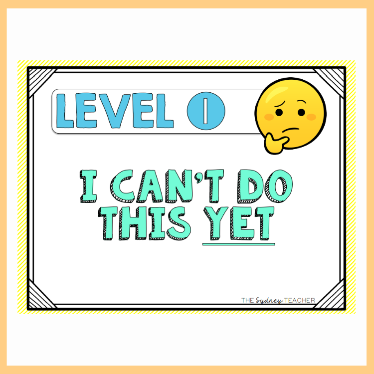 Educational poster with 'Level 1' and 'I can't do this yet' text, featuring a thinking emoji.