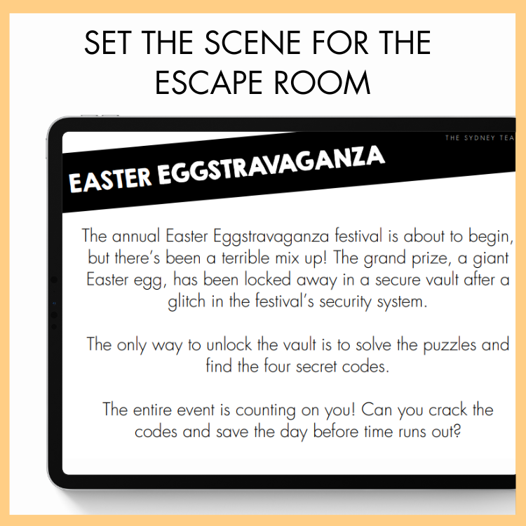 Promotional text for an Easter Eggstravaganza escape room event on a tablet screen. Above is the text that reads 'Set the Scene for the Escape Room.'