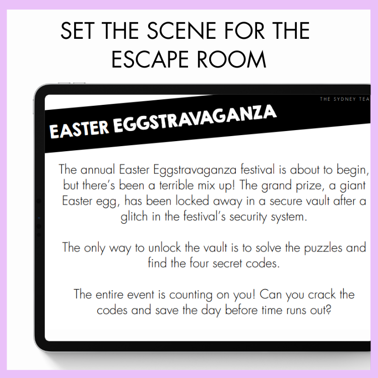 Promotional text for an Easter Eggstravaganza escape room event on a tablet screen. Above is the text that reads 'Set the Scene for the Escape Room.'