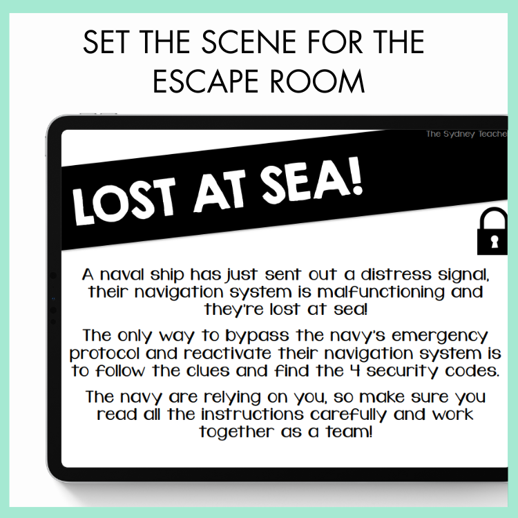 Escape room scenario with text 'Lost at Sea!' on a tablet screen. The text above reads 'Set the Scene for The Escape Room.'