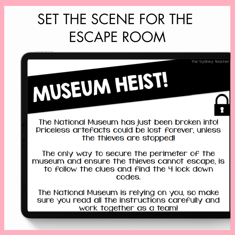 Text describing an escape room scenario titled 'Museum Heist' with a pink border.