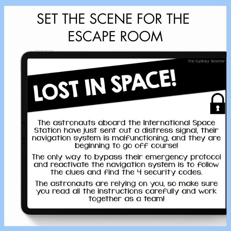 Escape room scenario with text 'Lost in Space' and instructions for the students to save the astronauts.