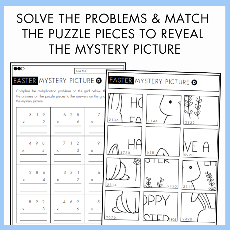 Easter-themed math puzzle with multiplication problems and matching puzzle pieces. The text above reads 'Solve the Problems and Match the Puzzle Pieces to Reveal the Mystery Picture.'
