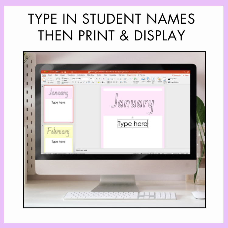 Computer monitor displaying a digital calendar with text boxes for student names, on a desk and on top of this image, the text reads 'type in student names then print and display'.
