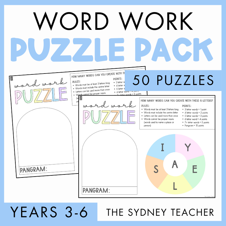 Word work puzzle pack for Years 3-6 by The Sydney Teacher with two sample puzzles and '50 puzzles' text on a light blue background.