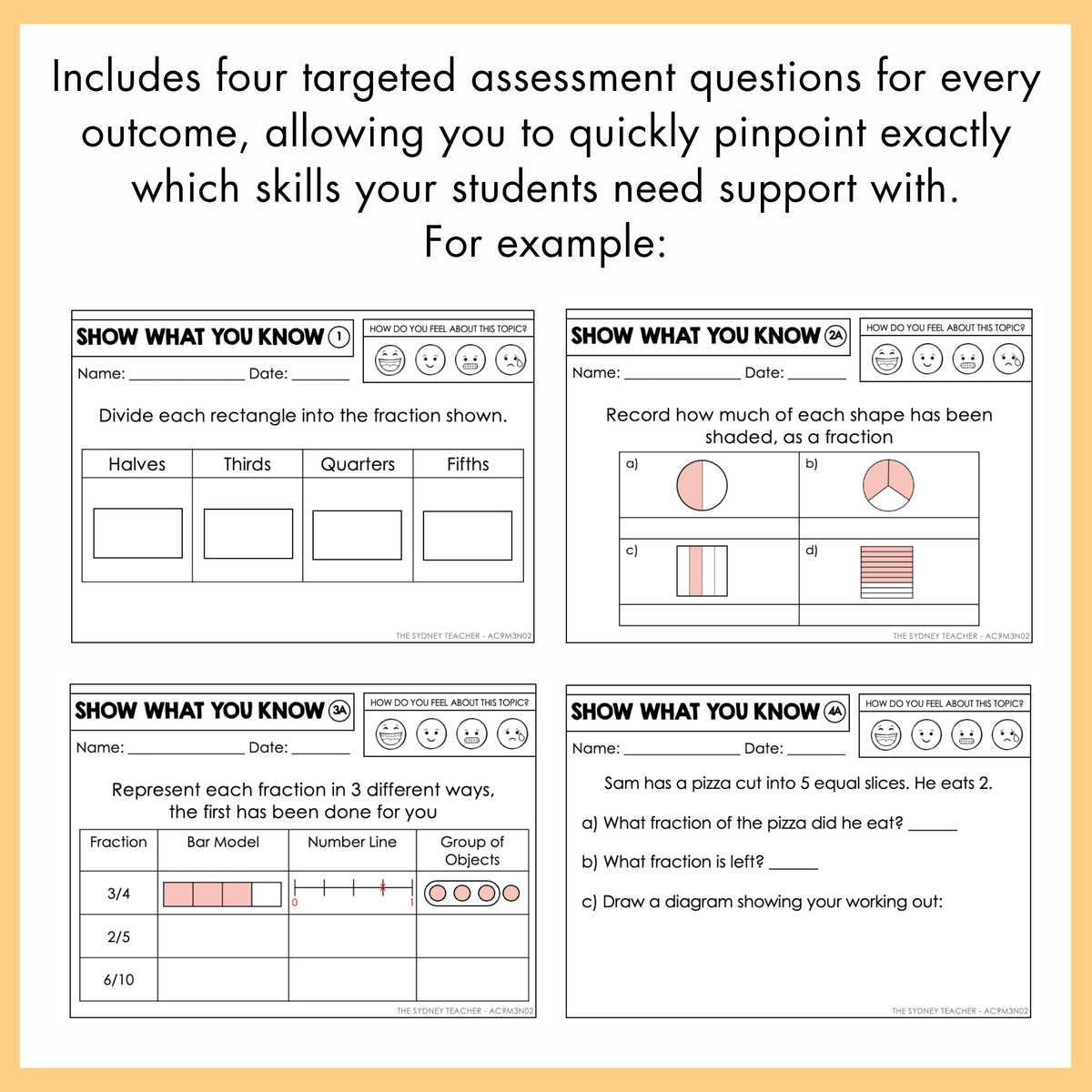 A worksheet preview page with text at the top 'includes four targeted assessment questions for every outcome, allowing you to quickly pinpoint exactly which skills your students need support with. For example:', followed by four sample math activity sheets labeled 'SHOW WHAT YOU KNOW' on a white background with a yellow border.