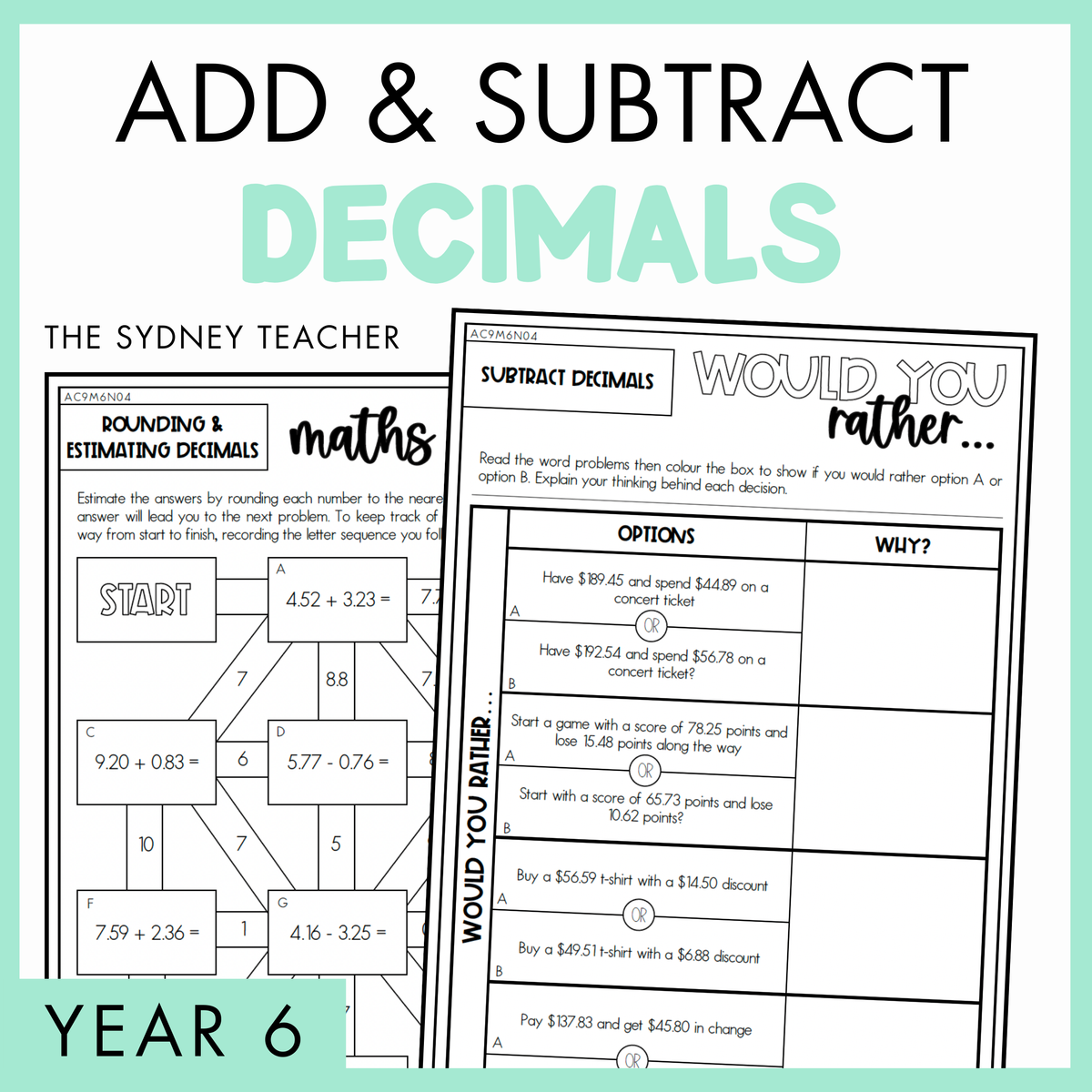 Add and Subtract Decimals Year 6 activity pack by The Sydney Teacher featuring overlapping maths maze and maths would you rather worksheets with a light green border.