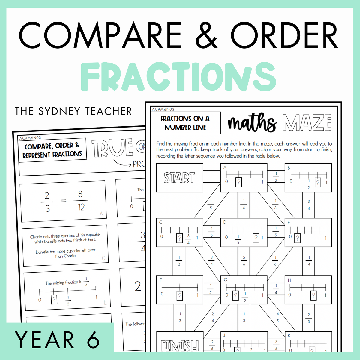 Compare and Order Fractions Year 6 activity pack by The Sydney Teacher featuring overlapping maths maze and maths true or false worksheets with a light green border.