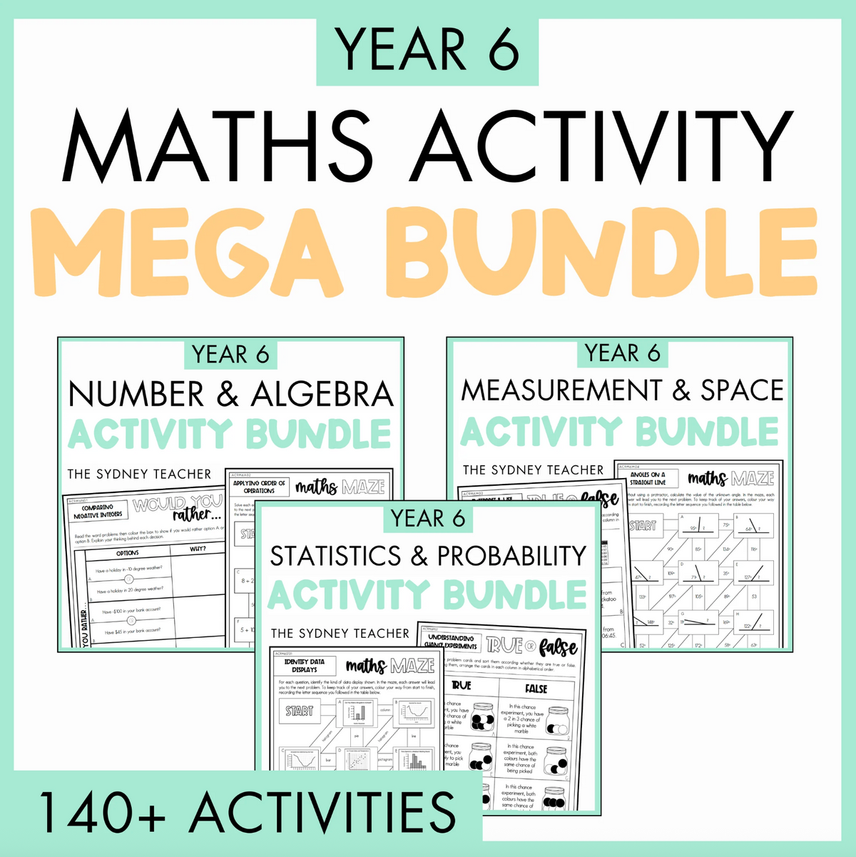 Promotional image for Year 6 Maths Activity Mega Bundle with activity sheets displayed. The activity bundles are shown, which are Year 6 Number and Algebra, Year 6 Measurement and Space, and Year 6 Statistics and Probability. At the bottom is a light green banner with the text '140+ Activities'.