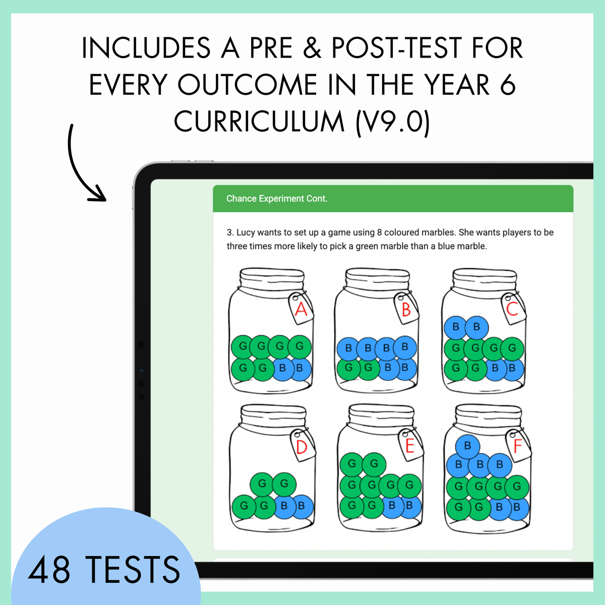 Educational software screen showing a chance experiment content with text about pre and post-tests for Year 6 curriculum. At the top, the text reads 'includes a pre and post-test for every outcome in the Year 6 curriculum (V9.0). At the bottom is a blue half-circle banner with text, '48 tests'.