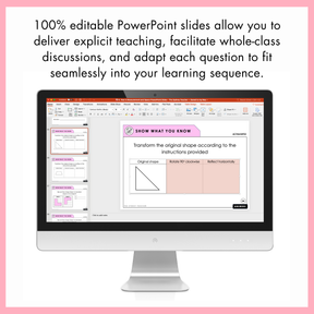 Computer screen displaying a PowerPoint slide with the maths exit slide on a pink background. On top, the text reads '100% editable PowerPoint slides allow you to deliver explicit teaching, facilitate whole-class discussions, and adapt each question to fit seamlessly into your learning sequence.'