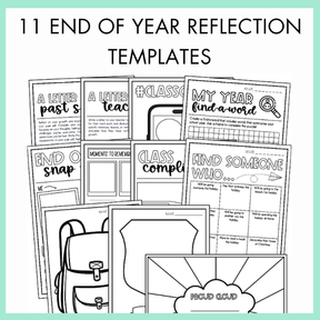 Collection of end-of-year reflection templates with various activities on a light green background with text '11 End of Year Reflection Templates' on top.