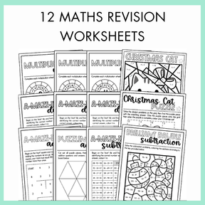 Collection of maths revision worksheets with various topics such as Christmas Cat puzzle, Brilliant Bauble subtraction, and others on a light green background with text '12 Maths Revision Worksheets' on top. 