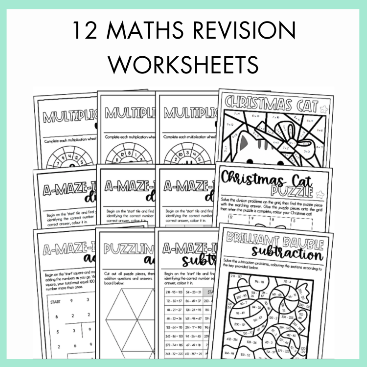 Collection of maths revision worksheets with various topics such as Christmas Cat puzzle, Brilliant Bauble subtraction, and others on a light green background with text '12 Maths Revision Worksheets' on top. 