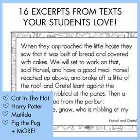 Text excerpt from a book titled 'Hansel and Gretel' with a blue border and text overlay of the different children books used in the activities such as Cat in the Hat, Harry Potter, Matilda, Pig the Pug, and More. On top, the text reads '16 excerpts from text your students love!'