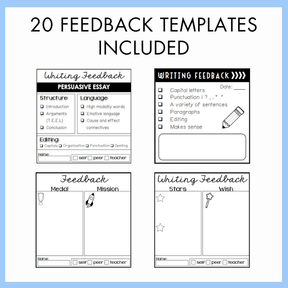 Four writing feedback templates on a white background with text '20 Feedback Templates Included'.