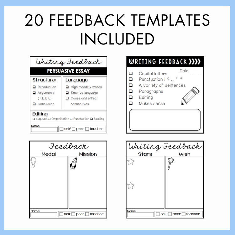 Four writing feedback templates on a white background with text '20 Feedback Templates Included'.