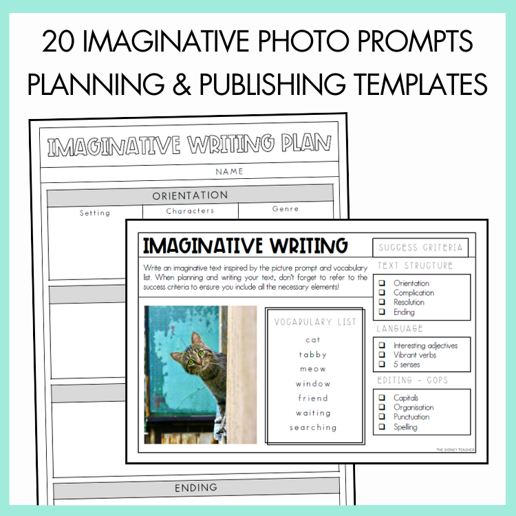 Imaginative writing plan and  writing prompt with a cat illustration with text '20 imaginative photo prompts planning and publishing templates' on a light green background.