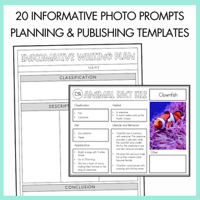 Informative writing plan and writing prompt with a clown fish illustration with text '20 informative photo prompts planning and publishing templates' on a light green background.