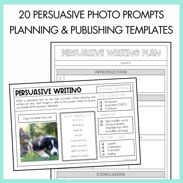 Persuasive writing plan and writing prompt with a cat and dog illustration with text '20 persuasive photo prompts planning and publishing templates' on a light green background.