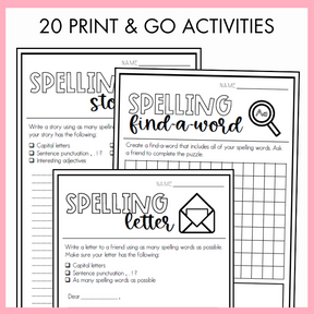 Spelling practice worksheets titled 'Spelling find-a-word' and Spelling letter with text on top that reads '20 Print and Go Activities' on a pink border.