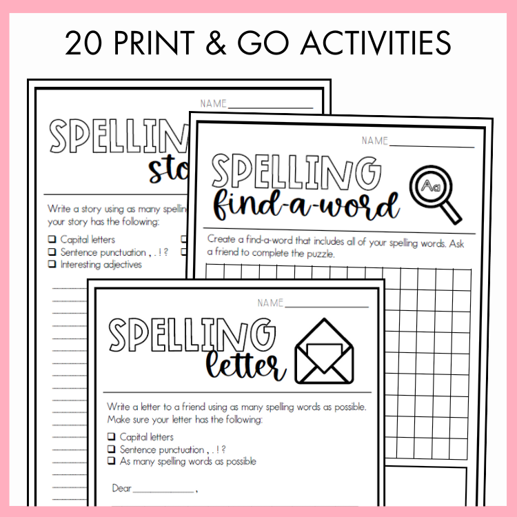 Spelling practice worksheets titled 'Spelling find-a-word' and Spelling letter with text on top that reads '20 Print and Go Activities' on a pink border.