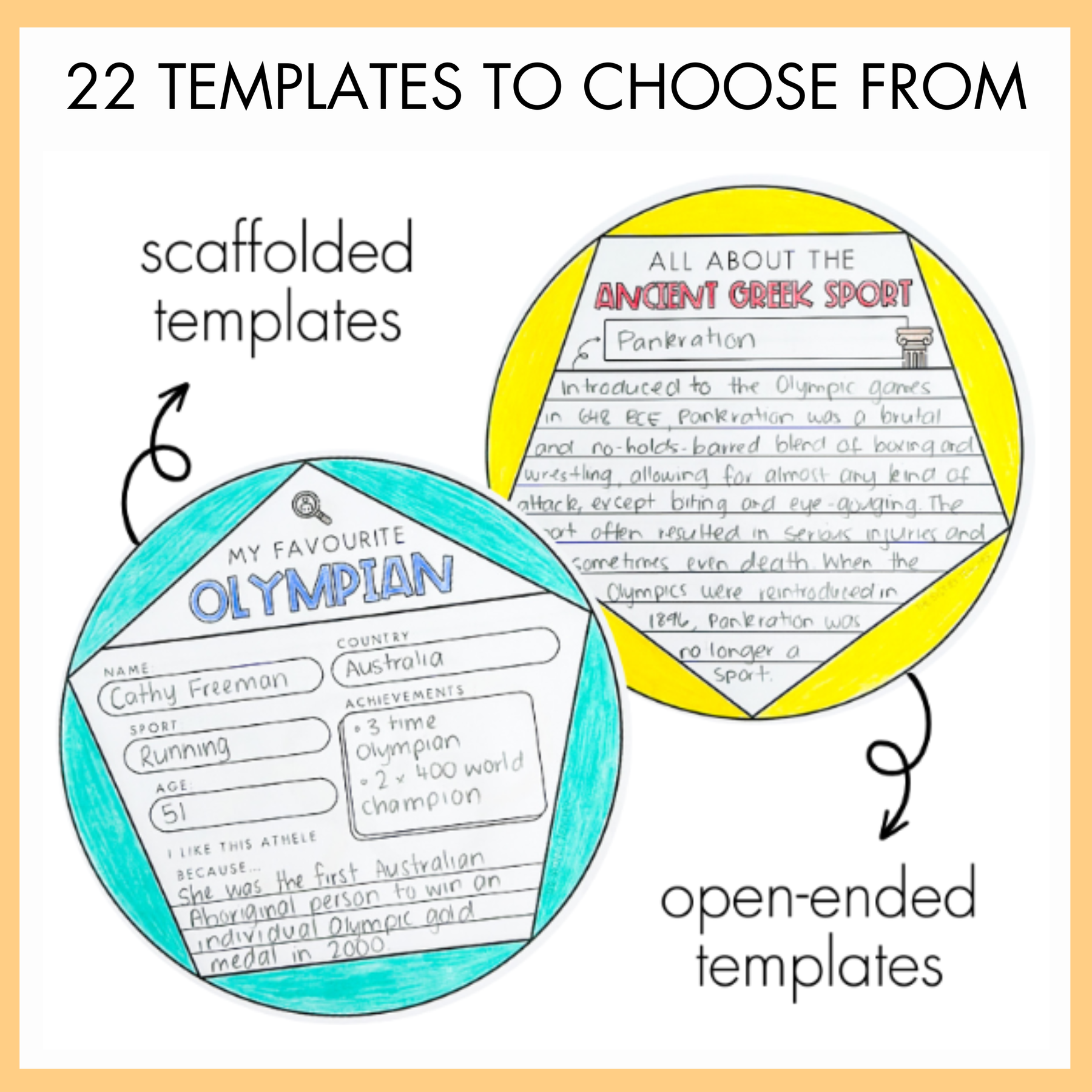 Two educational templates labeled 'scaffolded templates' and 'open-ended templates' on a yellow background with text '22 Templates to Choose From.'