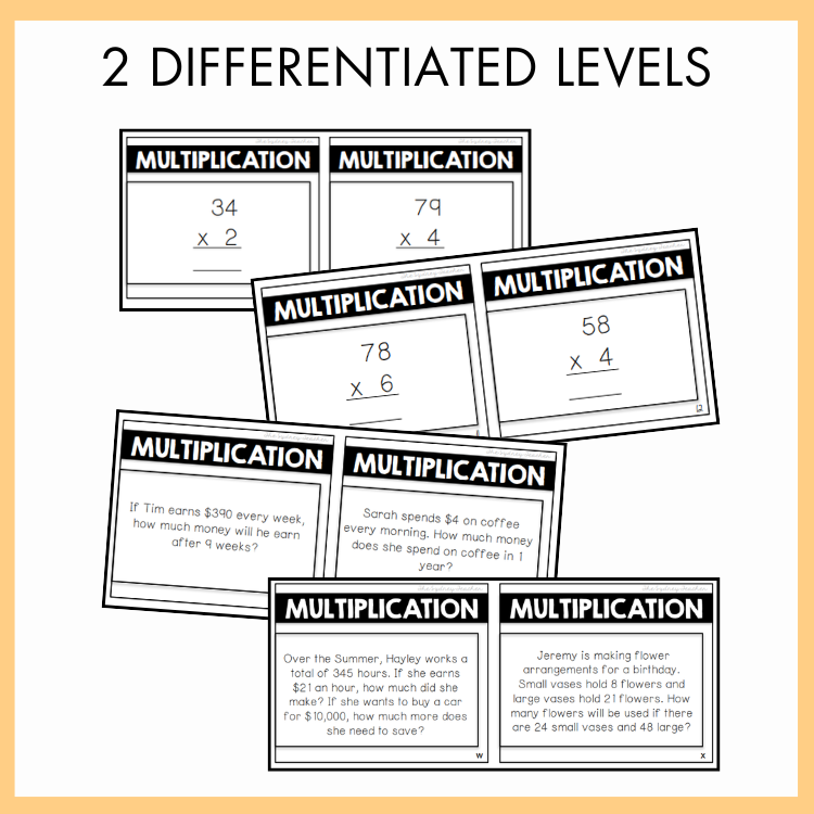 Set of multiplication problems on cards with two differentiated levels.