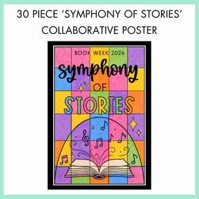 Collaborative poster for 'Symphony of Stories' with colorful design featuring an open book with musical notes and text '30 piece symphony of stories collaborative poster' on a light green border.