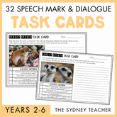Promotional image for '32 Speech Mark & Dialogue Task Cards' for Years 2-6 by the Sydney Teacher featuring two task cards with example photo prompts. 