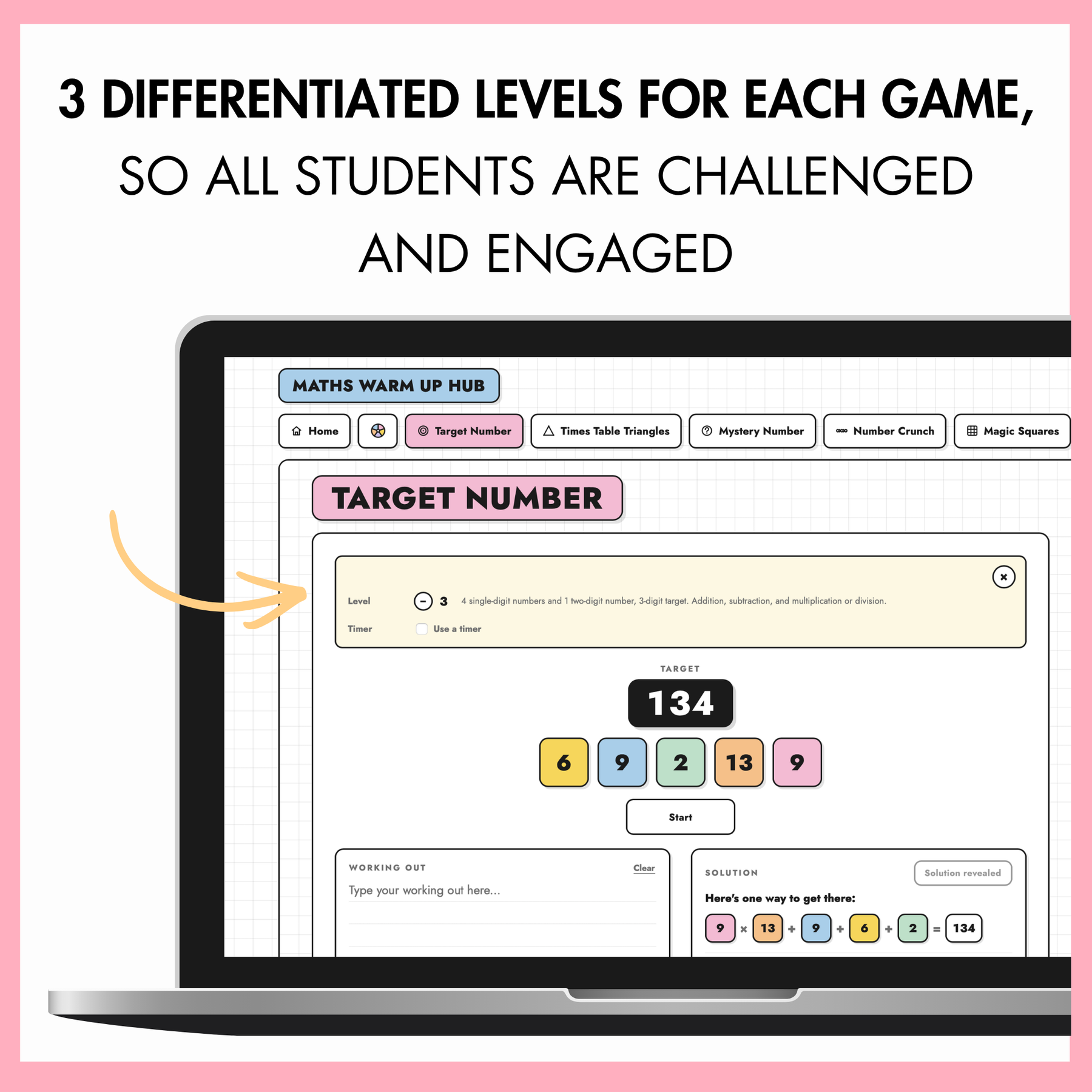 A promotional graphic for an online maths game platform, showing a laptop screen with the 'Maths Warm-Up Hub' interface. The graphic highlights differentiated learning levels for each game to engage all students, set against a pink background with a yellow arrow pointing to the target number feature.