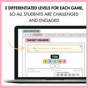 A promotional graphic for an online maths game platform, showing a laptop screen with the 'Maths Warm-Up Hub' interface. The graphic highlights differentiated learning levels for each game to engage all students, set against a pink background with a yellow arrow pointing to the target number feature.