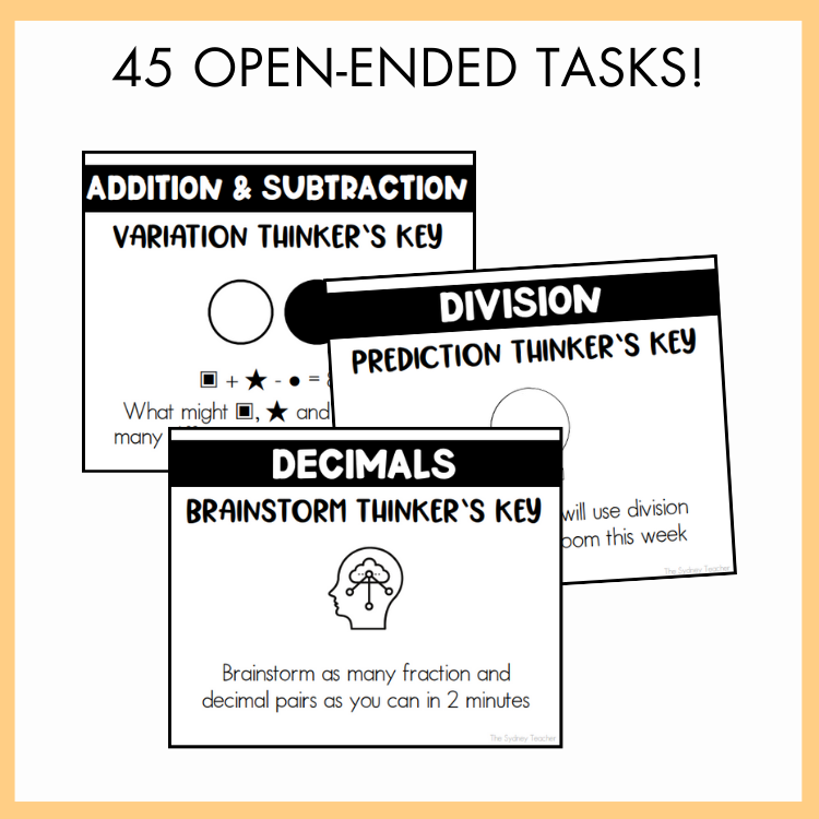 Three black and white educational task cards on a light orange background with text that reads '45 Open-Ended Tasks'.