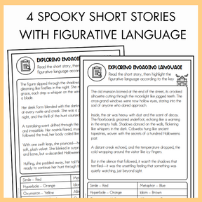 Two pages from a worksheet titled '4 Spooky Short Stories with Figurative Language' on a light orange background.