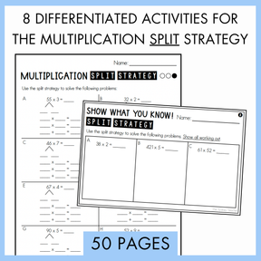 Educational worksheet on Multiplication Split Strategy with text below that reads '50 pages'. Above the worksheets, the text states '8 differentiated activities for the multiplication split strategy'. 