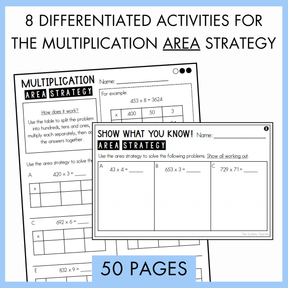 Two worksheets with text about differentiated multiplication area strategy activities. Below is the text '50 pages' and above the worksheets, the text reads '8 differentiated activtities for the multiplication area strategy'.