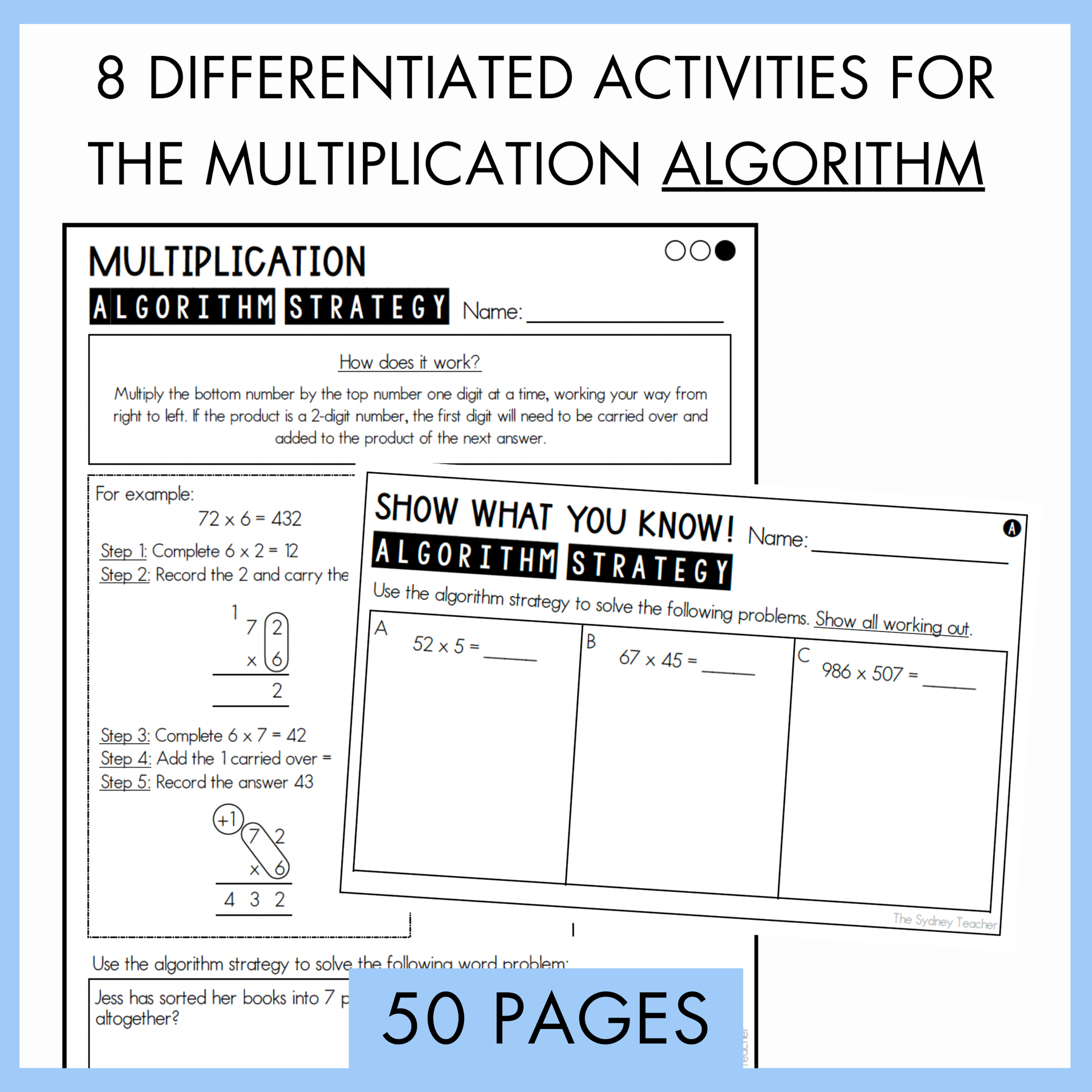 Educational worksheets on multiplication algorithm strategy with text '50 pages'. Above the worksheets, the text reads '8 differentiated activities for the multiplication algorithm'.