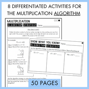 Educational worksheets on multiplication algorithm strategy with text '50 pages'. Above the worksheets, the text reads '8 differentiated activities for the multiplication algorithm'.