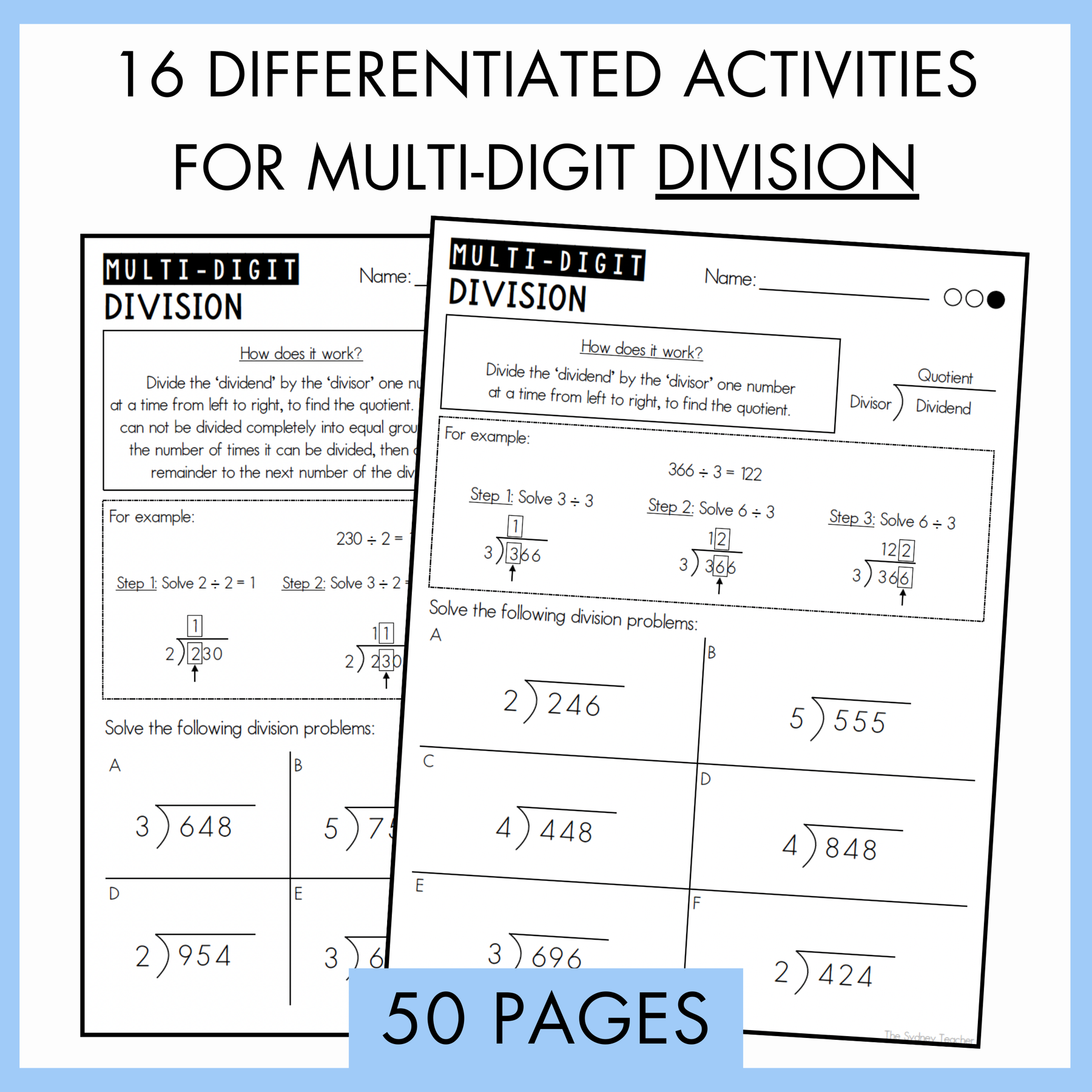 Two worksheets on multi-digit division with text indicating differentiated activities and 50 pages. On top, the text reads '16 differentiated activities for multi-digit division'. 