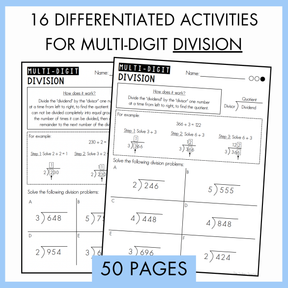 Two worksheets on multi-digit division with text indicating differentiated activities and 50 pages. On top, the text reads '16 differentiated activities for multi-digit division'. 