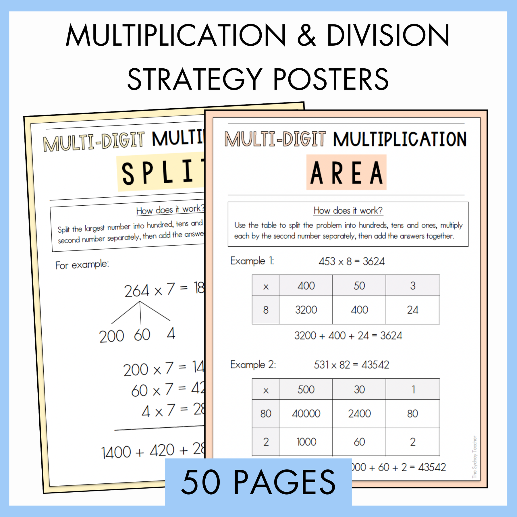 Two educational posters on multiplication and division strategies with examples and text '50 pages'. Above the posters, the text reads 'Multiplication and Division Strategy Posters'. 