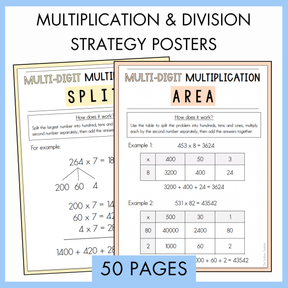 Two educational posters on multiplication and division strategies with examples and text '50 pages'. Above the posters, the text reads 'Multiplication and Division Strategy Posters'. 