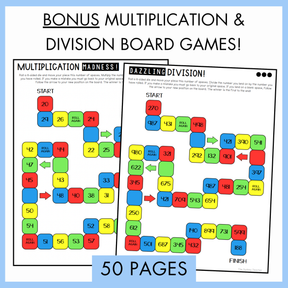 Two multiplication and division board games with colorful squares and arrows on a white background. On top, the text reads 'bonus multiplication and division board games!'