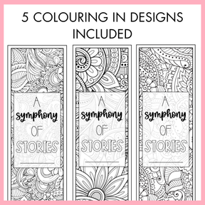 Three coloring bookmark with intricate designs and text that reads '5 Colouring in Designs Included' on a pink background.