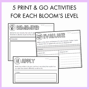 Three educational worksheets with Bloom's Taxonomy levels and text on top that reads '5 print and go activities for each bloom's level' on a light purple background.